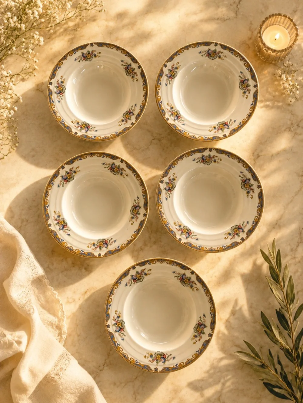 Vintage Grindley England 8.5” Rimmed Soup Bowls Set Of 5 Floral